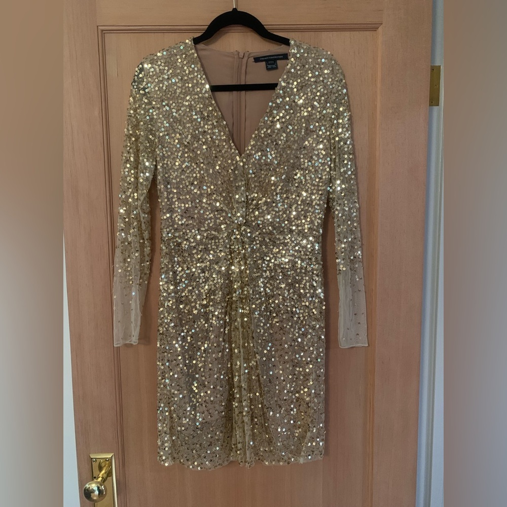 French Connection Gold Sequin Tulle Mesh Long Sleeve Short Party Dress